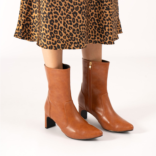 Camel faux soft leather heeled ankle boots 