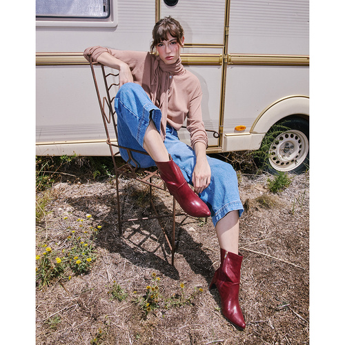 Garnet red faux soft leather heeled ankle boots 